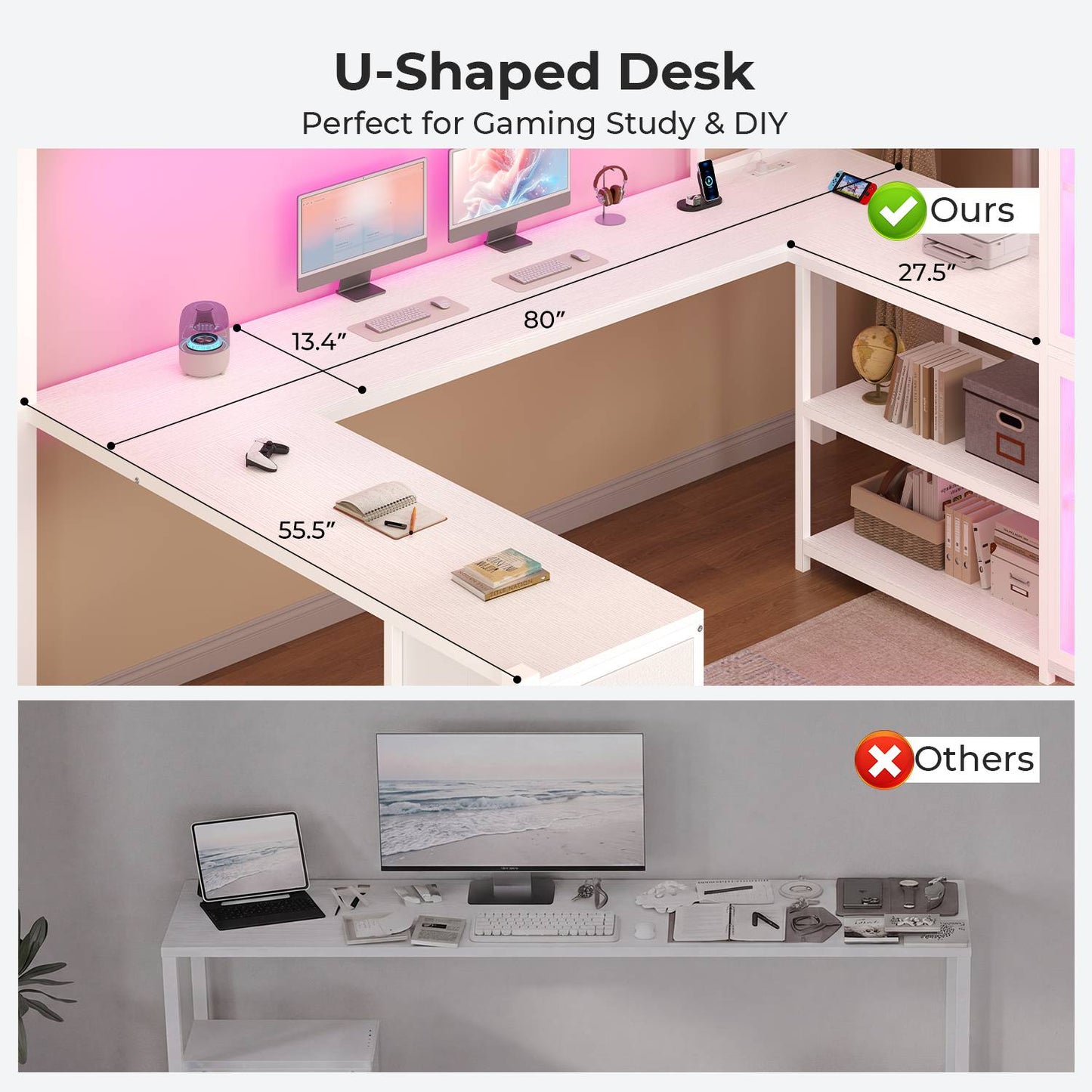 ADORNEVE Gaming Loft Bed Full Size with U Shape Desk and Display Cabinet Metal LED Loft Bed with Power Outlet and 3 Drawers 4 Shelves