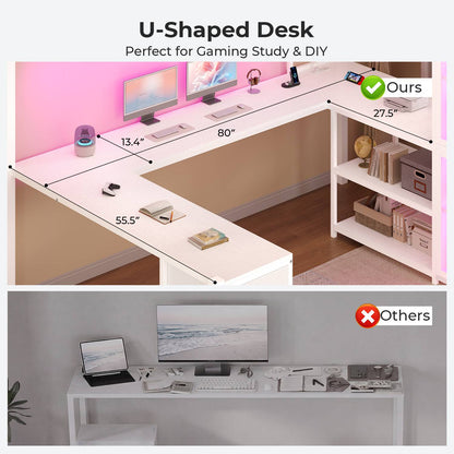 ADORNEVE Gaming Loft Bed Full Size with U Shape Desk and Display Cabinet Metal LED Loft Bed with Power Outlet and 3 Drawers 4 Shelves