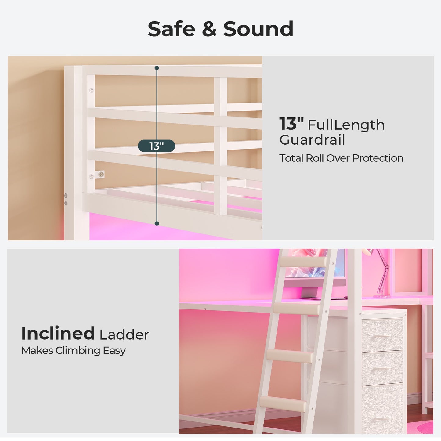 ADORNEVE Gaming Loft Bed Full Size with U Shape Desk and Display Cabinet Metal LED Loft Bed with Power Outlet and 3 Drawers 4 Shelves
