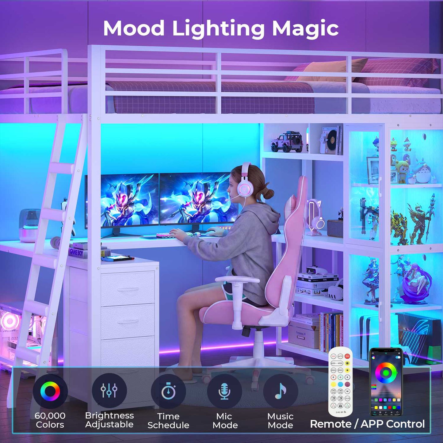 ADORNEVE Gaming Loft Bed Full Size with U Shape Desk and Display Cabinet Metal LED Loft Bed with Power Outlet and 3 Drawers 4 Shelves