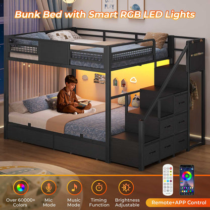 ADORNEVE | Bunk Bed Full Over Full with Stairs and 8 Drawers LED Bunk Bed with Hanging Area and Full-length Guardrail