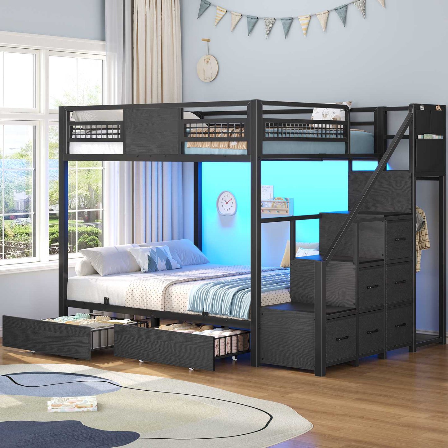 ADORNEVE | Bunk Bed Full Over Full with Stairs and 8 Drawers LED Bunk Bed with Hanging Area and Full-length Guardrail