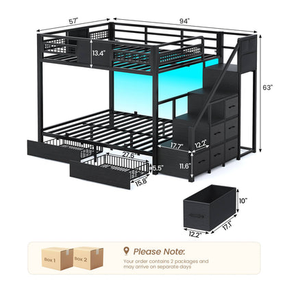 ADORNEVE | Bunk Bed Full Over Full with Stairs and 8 Drawers LED Bunk Bed with Hanging Area and Full-length Guardrail