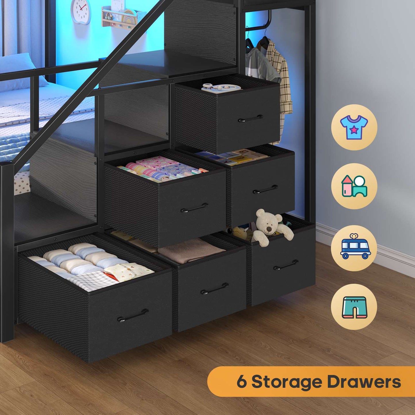 ADORNEVE | Bunk Bed Full Over Full with Stairs and 8 Drawers LED Bunk Bed with Hanging Area and Full-length Guardrail