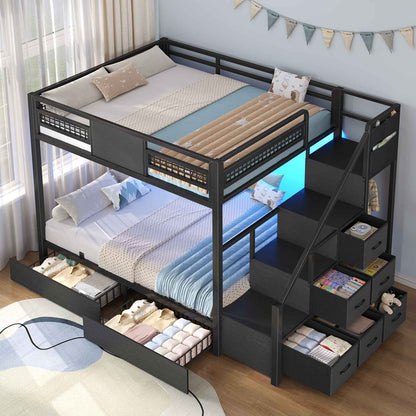 ADORNEVE | Bunk Bed Full Over Full with Stairs and 8 Drawers LED Bunk Bed with Hanging Area and Full-length Guardrail