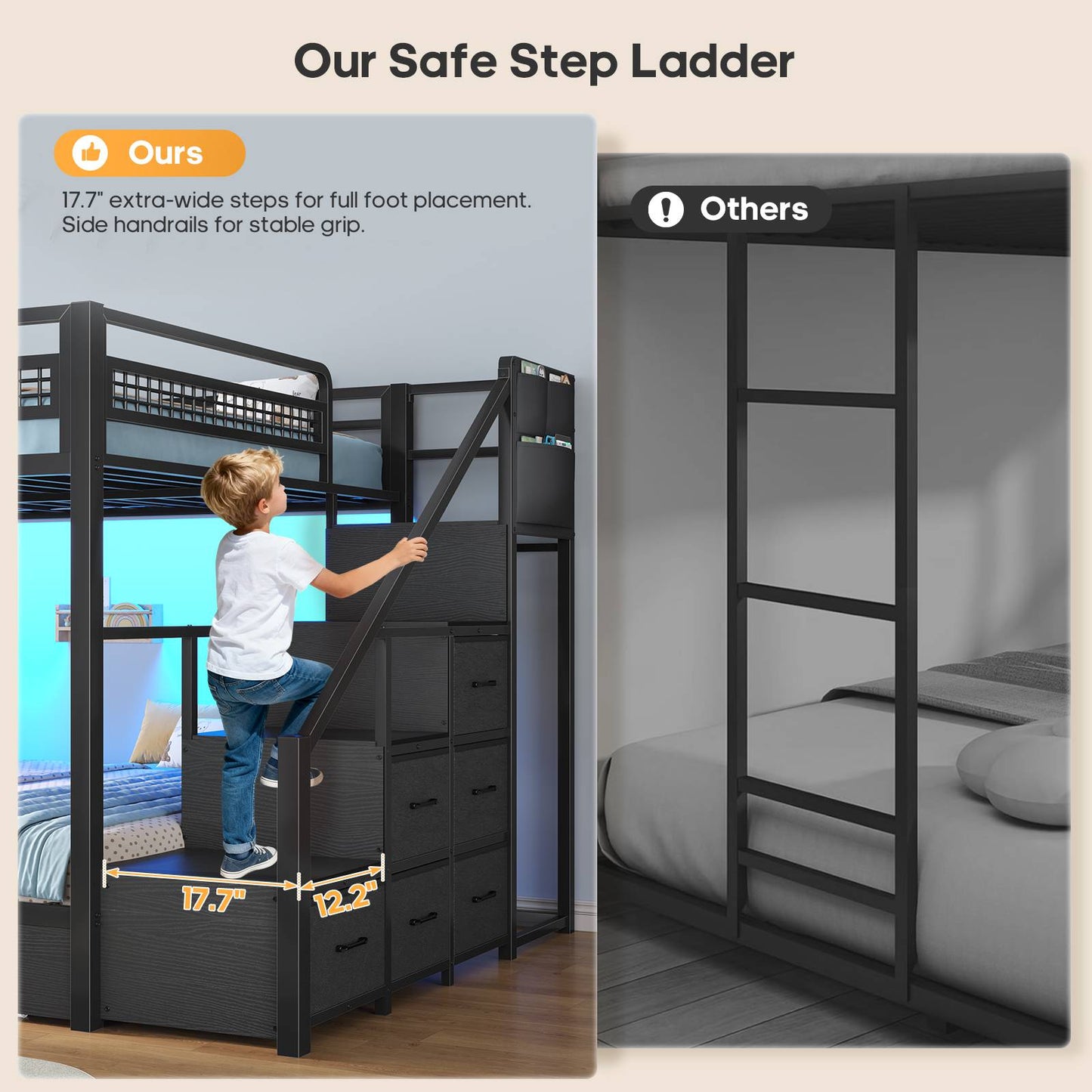 ADORNEVE | Bunk Bed Full Over Full with Stairs and 8 Drawers LED Bunk Bed with Hanging Area and Full-length Guardrail