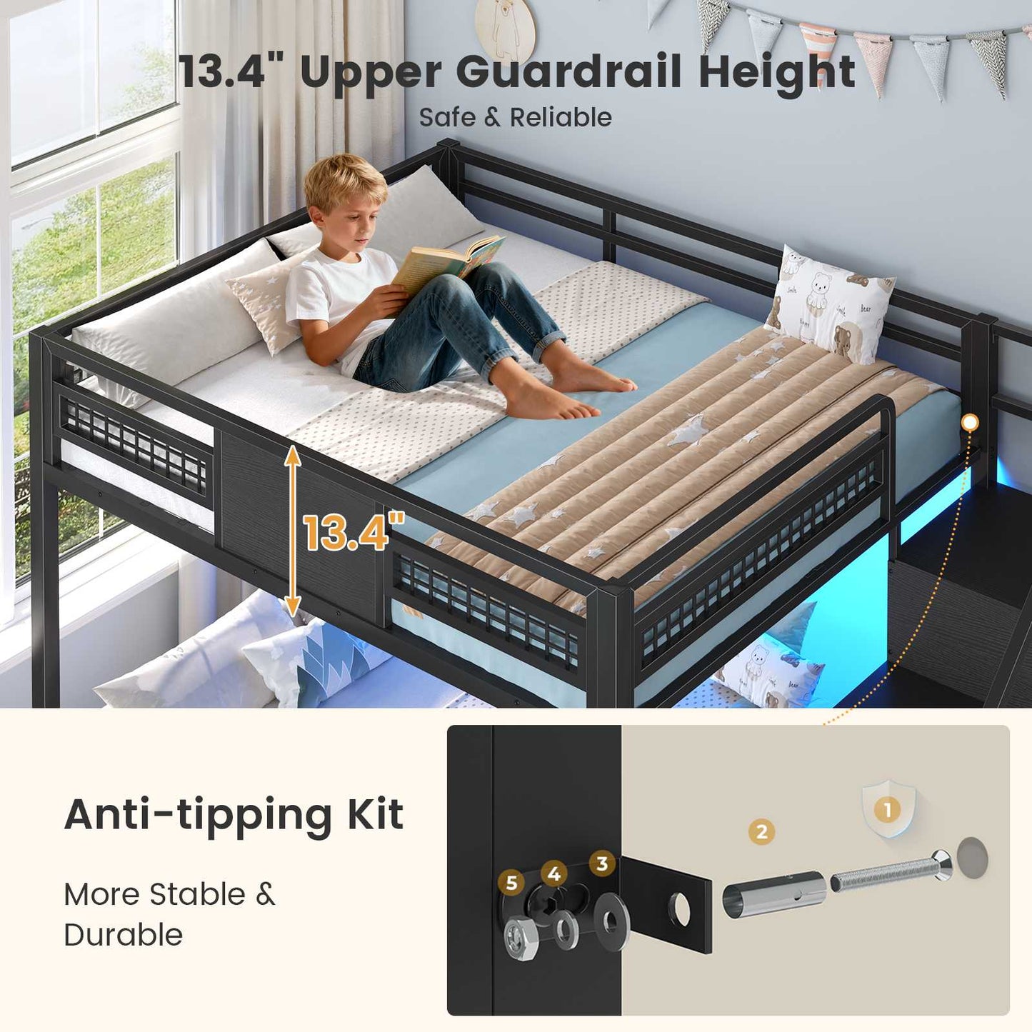 ADORNEVE | Bunk Bed Full Over Full with Stairs and 8 Drawers LED Bunk Bed with Hanging Area and Full-length Guardrail