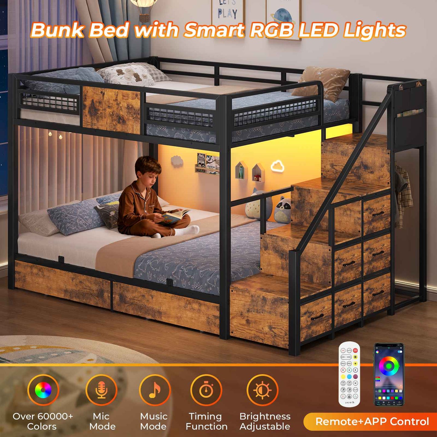 ADORNEVE | Bunk Bed Full Over Full with Stairs and 8 Drawers LED Bunk Bed with Hanging Area and Full-length Guardrail