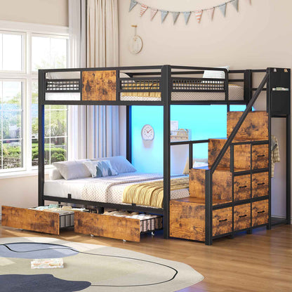 ADORNEVE | Bunk Bed Full Over Full with Stairs and 8 Drawers LED Bunk Bed with Hanging Area and Full-length Guardrail