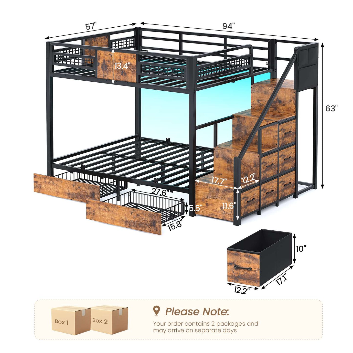ADORNEVE | Bunk Bed Full Over Full with Stairs and 8 Drawers LED Bunk Bed with Hanging Area and Full-length Guardrail