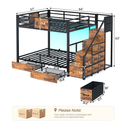ADORNEVE | Bunk Bed Full Over Full with Stairs and 8 Drawers LED Bunk Bed with Hanging Area and Full-length Guardrail