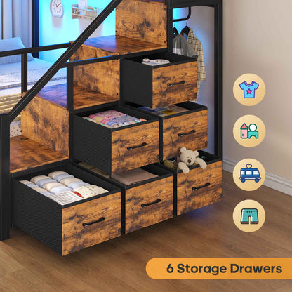 ADORNEVE | Bunk Bed Full Over Full with Stairs and 8 Drawers LED Bunk Bed with Hanging Area and Full-length Guardrail
