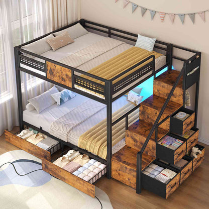 ADORNEVE | Bunk Bed Full Over Full with Stairs and 8 Drawers LED Bunk Bed with Hanging Area and Full-length Guardrail