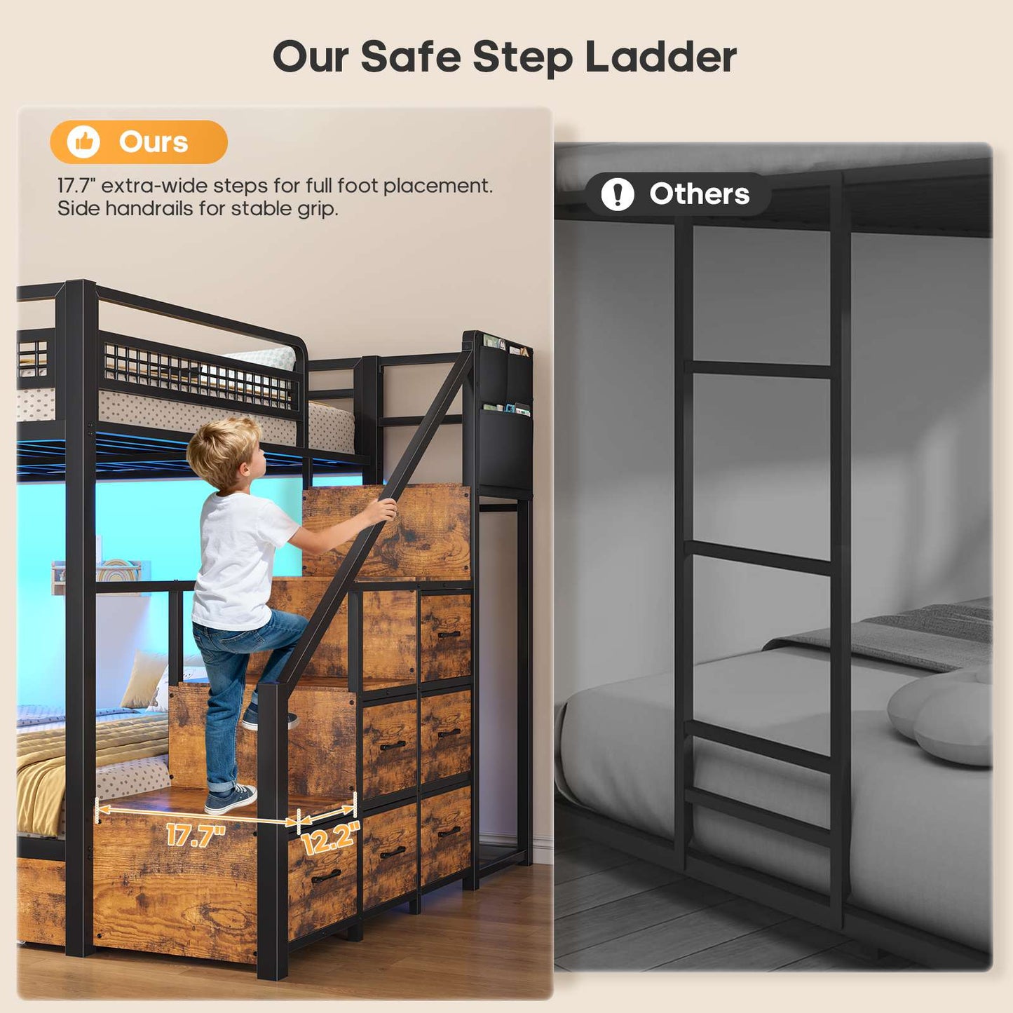 ADORNEVE | Bunk Bed Full Over Full with Stairs and 8 Drawers LED Bunk Bed with Hanging Area and Full-length Guardrail