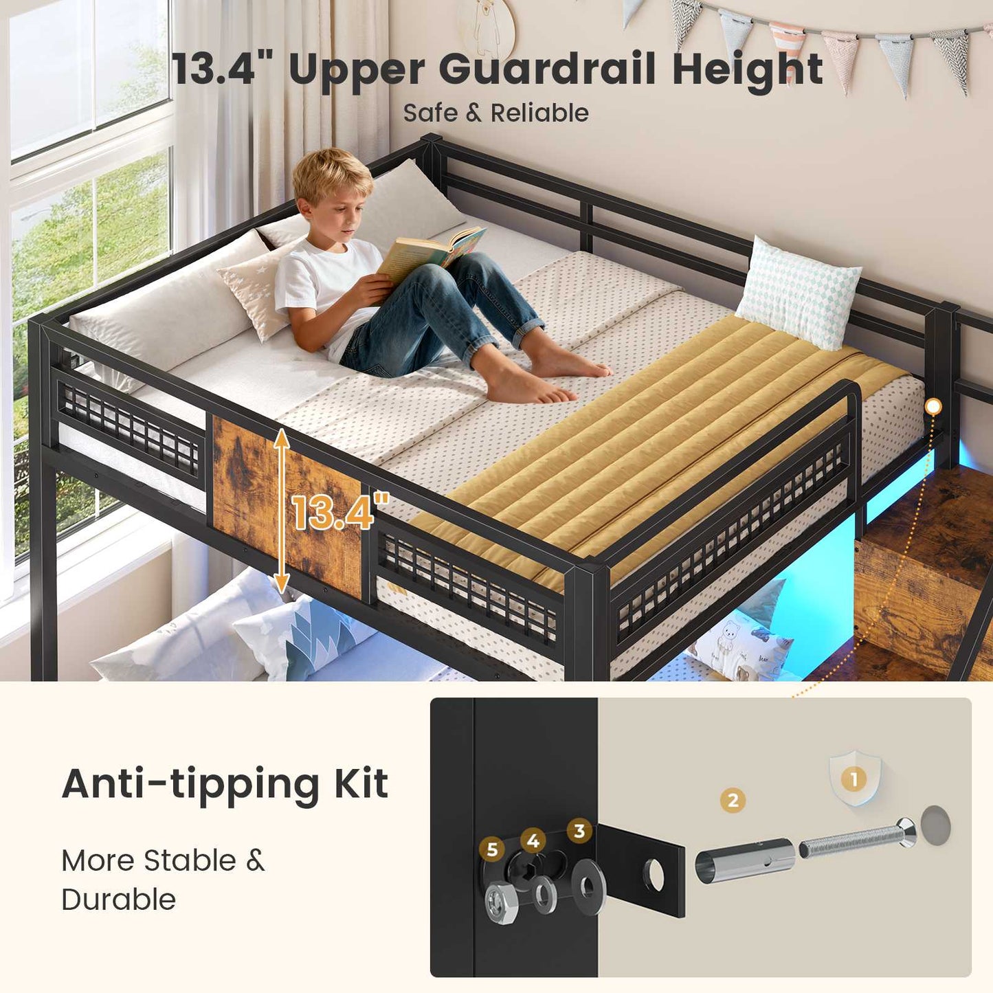 ADORNEVE | Bunk Bed Full Over Full with Stairs and 8 Drawers LED Bunk Bed with Hanging Area and Full-length Guardrail