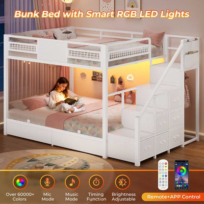 ADORNEVE | Bunk Bed Full Over Full with Stairs and 8 Drawers LED Bunk Bed with Hanging Area and Full-length Guardrail