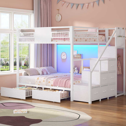 ADORNEVE | Bunk Bed Full Over Full with Stairs and 8 Drawers LED Bunk Bed with Hanging Area and Full-length Guardrail