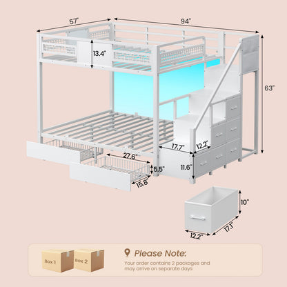 ADORNEVE | Bunk Bed Full Over Full with Stairs and 8 Drawers LED Bunk Bed with Hanging Area and Full-length Guardrail