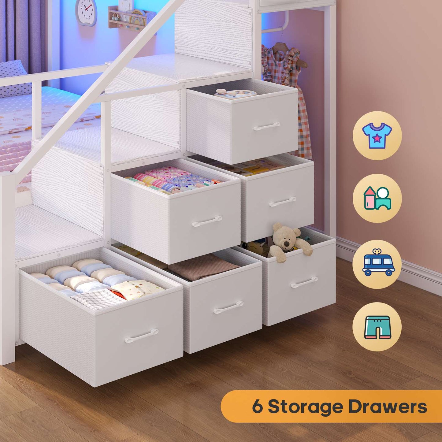 ADORNEVE | Bunk Bed Full Over Full with Stairs and 8 Drawers LED Bunk Bed with Hanging Area and Full-length Guardrail