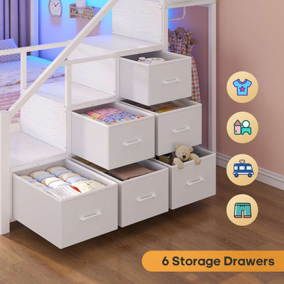 ADORNEVE | Bunk Bed Full Over Full with Stairs and 8 Drawers LED Bunk Bed with Hanging Area and Full-length Guardrail