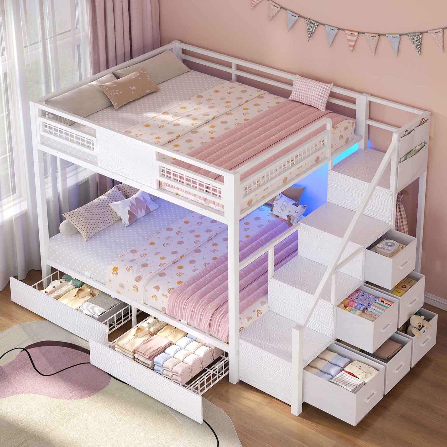 ADORNEVE | Bunk Bed Full Over Full with Stairs and 8 Drawers LED Bunk Bed with Hanging Area and Full-length Guardrail