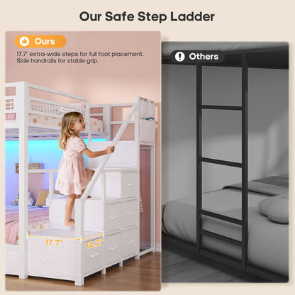 ADORNEVE | Bunk Bed Full Over Full with Stairs and 8 Drawers LED Bunk Bed with Hanging Area and Full-length Guardrail