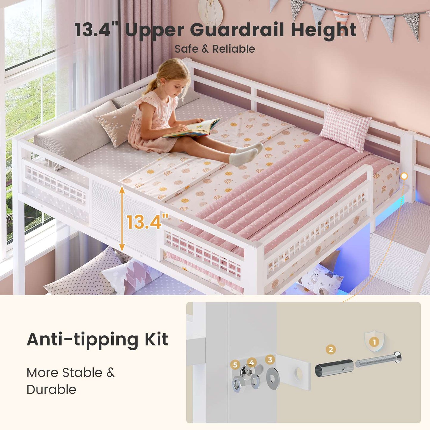 ADORNEVE | Bunk Bed Full Over Full with Stairs and 8 Drawers LED Bunk Bed with Hanging Area and Full-length Guardrail