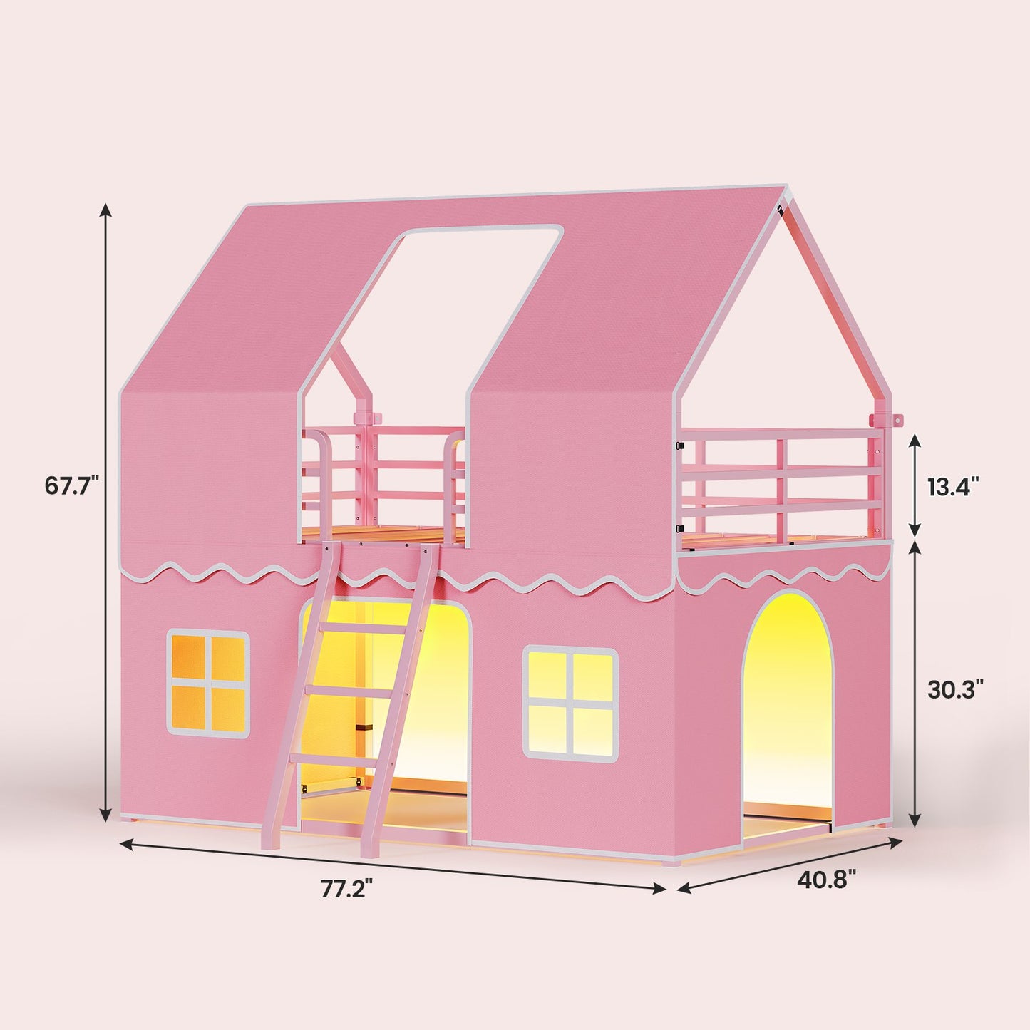 ADORNEVE | Bunk Bed Twin Over Twin with LED Lights and Play Bed Curtains House Loft Bed with Ladder and 13.4H Guardrail