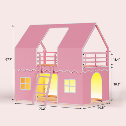 ADORNEVE | Bunk Bed Twin Over Twin with LED Lights and Play Bed Curtains House Loft Bed with Ladder and 13.4H Guardrail