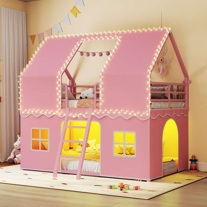 ADORNEVE | Bunk Bed Twin Over Twin with LED Lights and Play Bed Curtains House Loft Bed with Ladder and 13.4H Guardrail