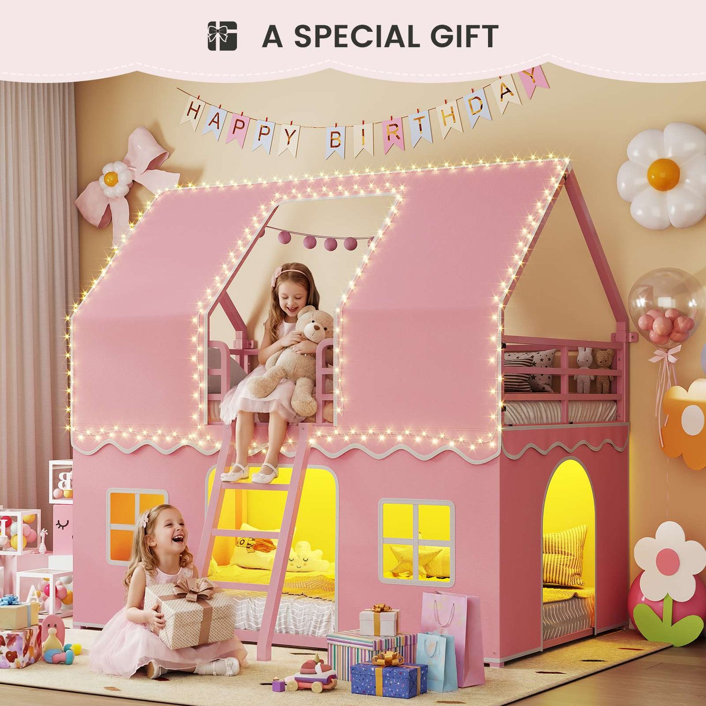 ADORNEVE | Bunk Bed Twin Over Twin with LED Lights and Play Bed Curtains House Loft Bed with Ladder and 13.4H Guardrail