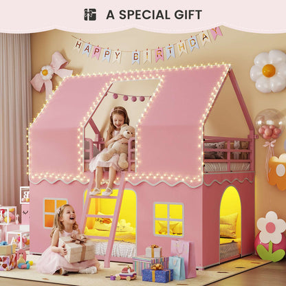 ADORNEVE | Bunk Bed Twin Over Twin with LED Lights and Play Bed Curtains House Loft Bed with Ladder and 13.4H Guardrail