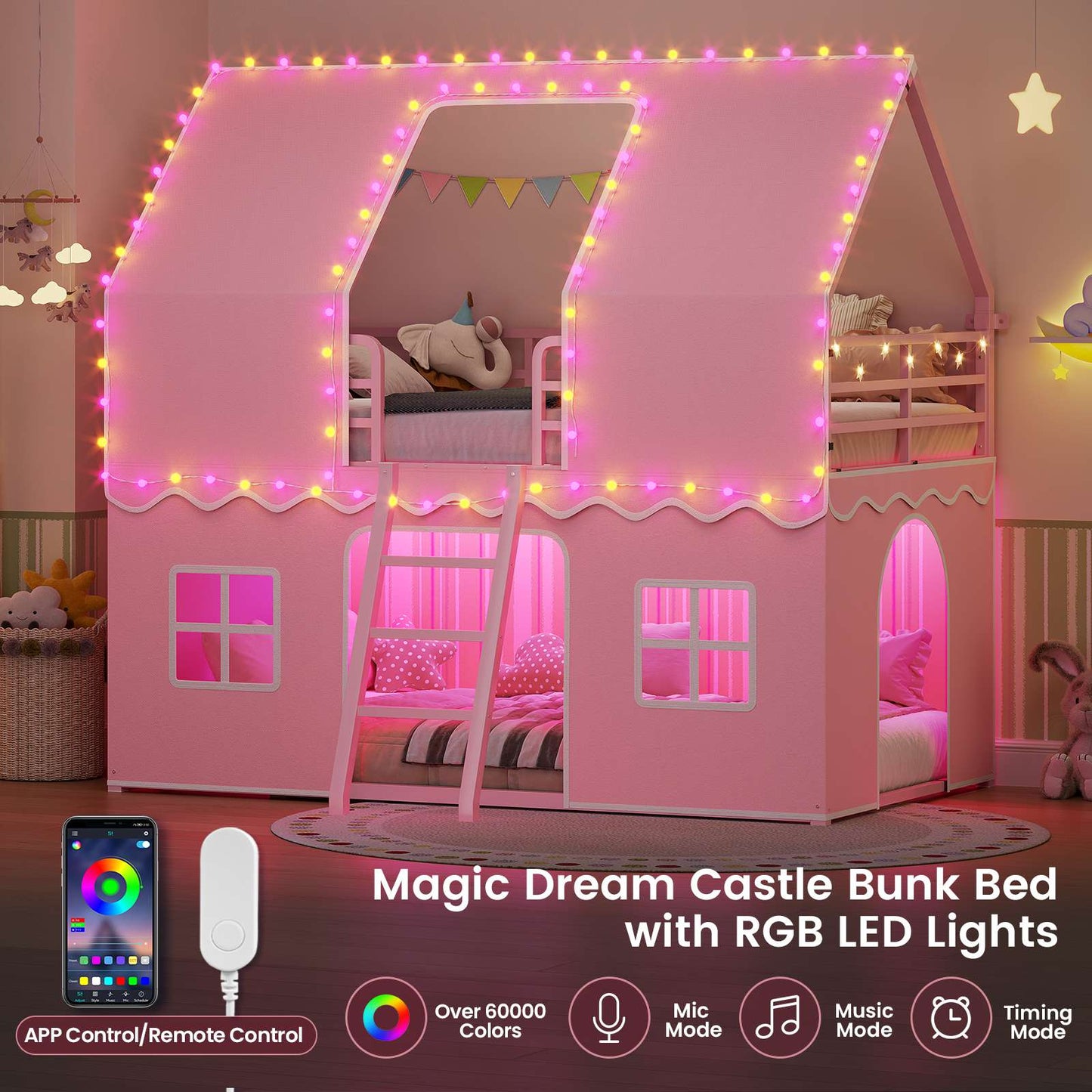 ADORNEVE | Bunk Bed Twin Over Twin with LED Lights and Play Bed Curtains House Loft Bed with Ladder and 13.4H Guardrail
