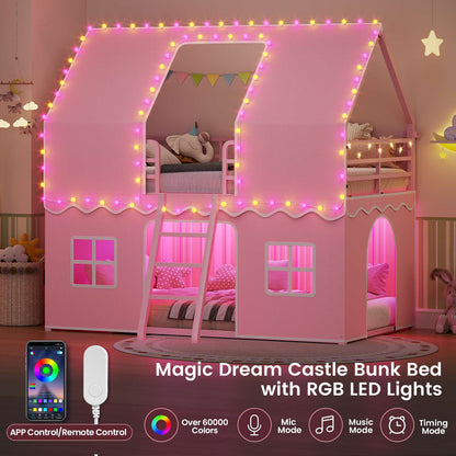 ADORNEVE | Bunk Bed Twin Over Twin with LED Lights and Play Bed Curtains House Loft Bed with Ladder and 13.4H Guardrail