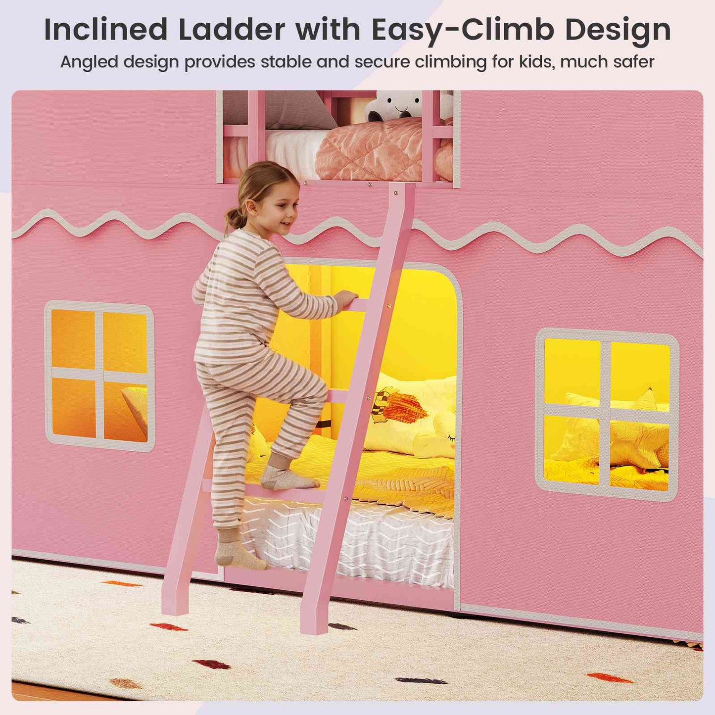 ADORNEVE | Bunk Bed Twin Over Twin with LED Lights and Play Bed Curtains House Loft Bed with Ladder and 13.4H Guardrail