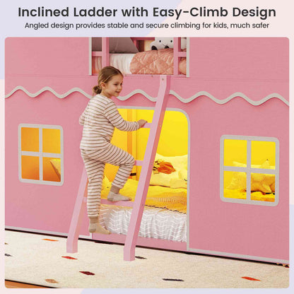 ADORNEVE | Bunk Bed Twin Over Twin with LED Lights and Play Bed Curtains House Loft Bed with Ladder and 13.4H Guardrail