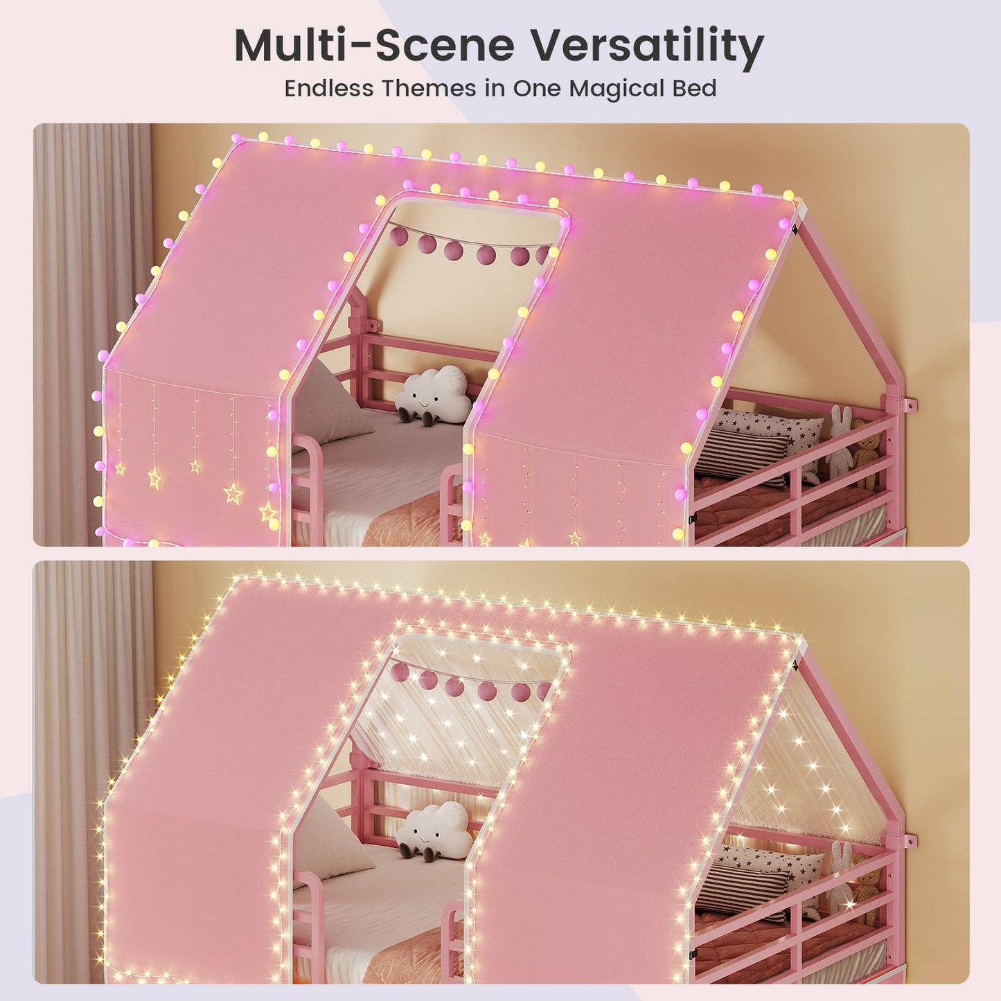 ADORNEVE | Bunk Bed Twin Over Twin with LED Lights and Play Bed Curtains House Loft Bed with Ladder and 13.4H Guardrail