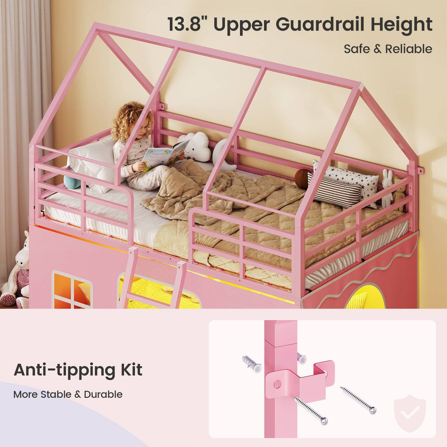 ADORNEVE | Bunk Bed Twin Over Twin with LED Lights and Play Bed Curtains House Loft Bed with Ladder and 13.4H Guardrail