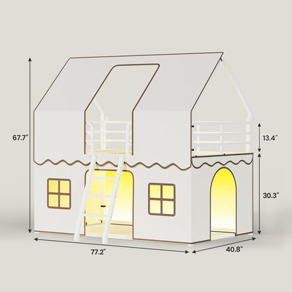 ADORNEVE | Bunk Bed Twin Over Twin with LED Lights and Play Bed Curtains House Loft Bed with Ladder and 13.4H Guardrail