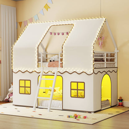 ADORNEVE | Bunk Bed Twin Over Twin with LED Lights and Play Bed Curtains House Loft Bed with Ladder and 13.4H Guardrail