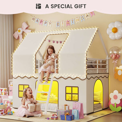 ADORNEVE | Bunk Bed Twin Over Twin with LED Lights and Play Bed Curtains House Loft Bed with Ladder and 13.4H Guardrail
