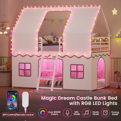 ADORNEVE | Bunk Bed Twin Over Twin with LED Lights and Play Bed Curtains House Loft Bed with Ladder and 13.4H Guardrail