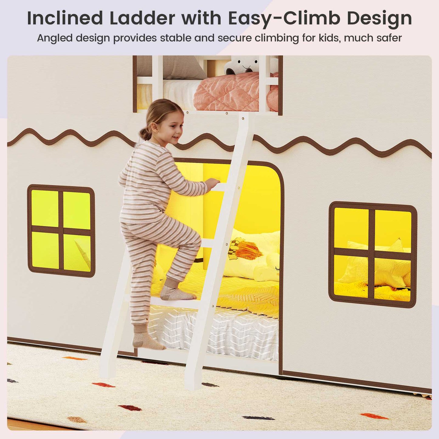 ADORNEVE | Bunk Bed Twin Over Twin with LED Lights and Play Bed Curtains House Loft Bed with Ladder and 13.4H Guardrail