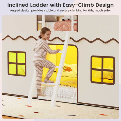 ADORNEVE | Bunk Bed Twin Over Twin with LED Lights and Play Bed Curtains House Loft Bed with Ladder and 13.4H Guardrail