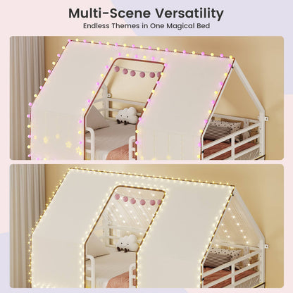 ADORNEVE | Bunk Bed Twin Over Twin with LED Lights and Play Bed Curtains House Loft Bed with Ladder and 13.4H Guardrail
