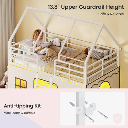 ADORNEVE | Bunk Bed Twin Over Twin with LED Lights and Play Bed Curtains House Loft Bed with Ladder and 13.4H Guardrail