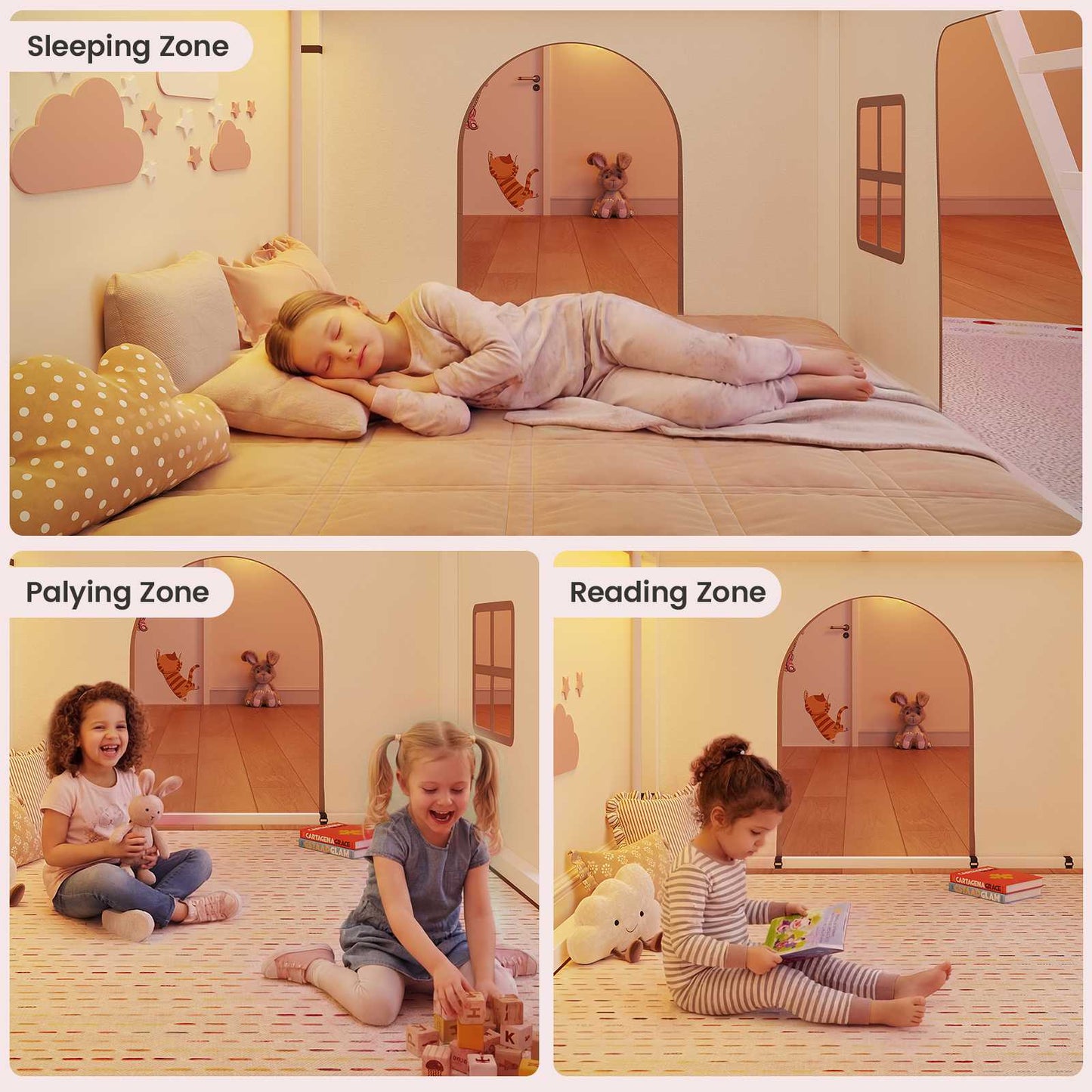 ADORNEVE | Bunk Bed Twin Over Twin with LED Lights and Play Bed Curtains House Loft Bed with Ladder and 13.4H Guardrail