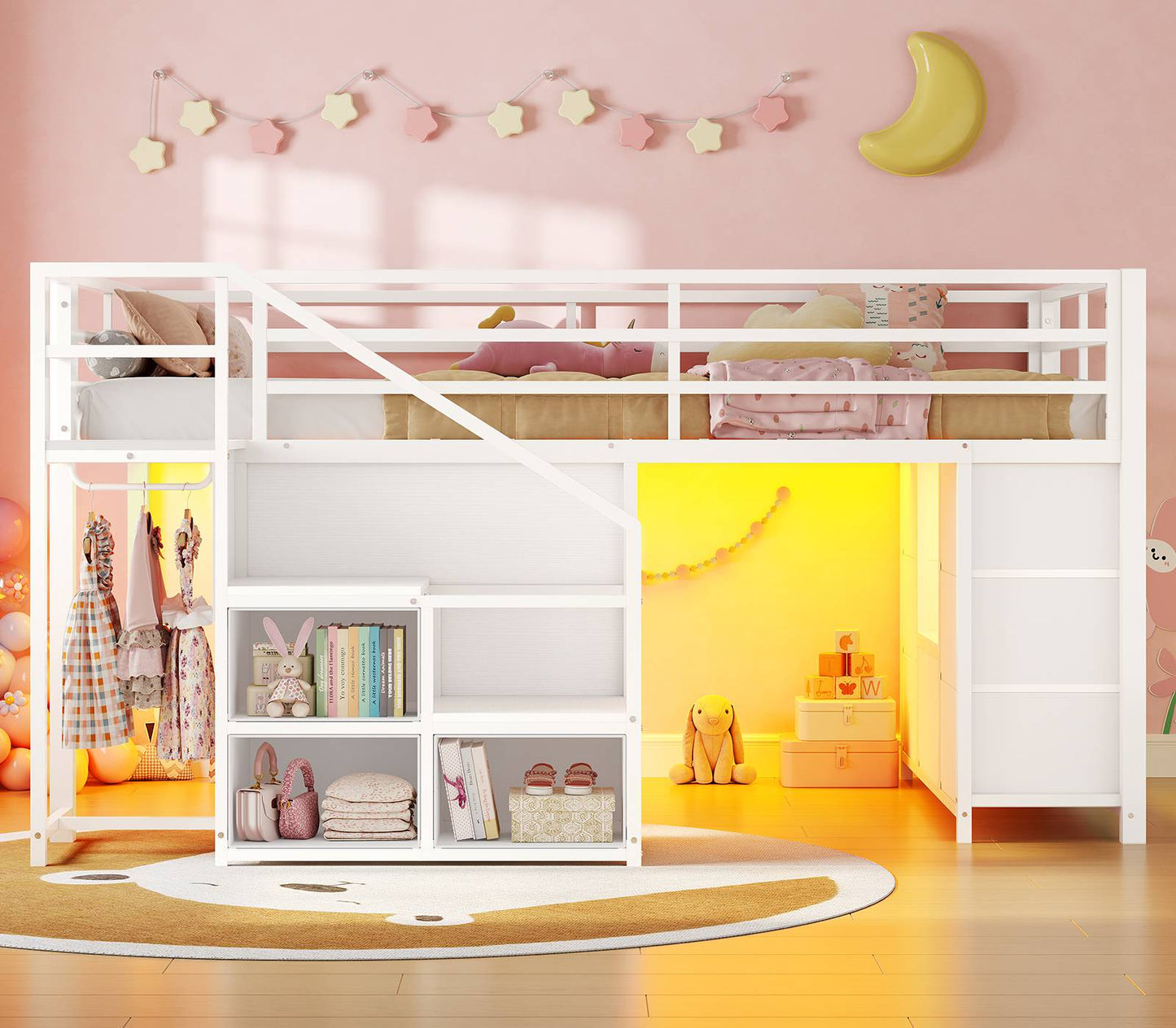 ADORNEVE | Low Loft Bed Twin Size with Stairs and 7 Large Drawers LED Loft Bed with 3 Open Cubbies and Handy Clothes Rail Metal Loft Bed with Safety Guardrail and Under-Bed Play Area