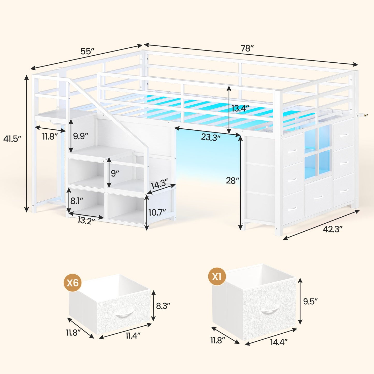ADORNEVE | Low Loft Bed Twin Size with Stairs and 7 Large Drawers LED Loft Bed with 3 Open Cubbies and Handy Clothes Rail Metal Loft Bed with Safety Guardrail and Under-Bed Play Area