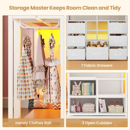 ADORNEVE | Low Loft Bed Twin Size with Stairs and 7 Large Drawers LED Loft Bed with 3 Open Cubbies and Handy Clothes Rail Metal Loft Bed with Safety Guardrail and Under-Bed Play Area